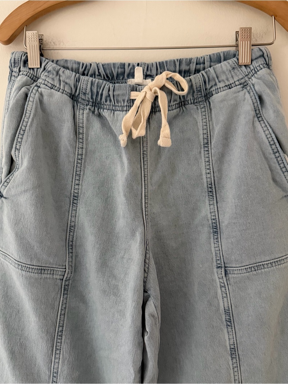 Aerie Pants Me-Day Tie Waist Pant Cotton Denim Light Wash Size Medium - Picture 9 of 10